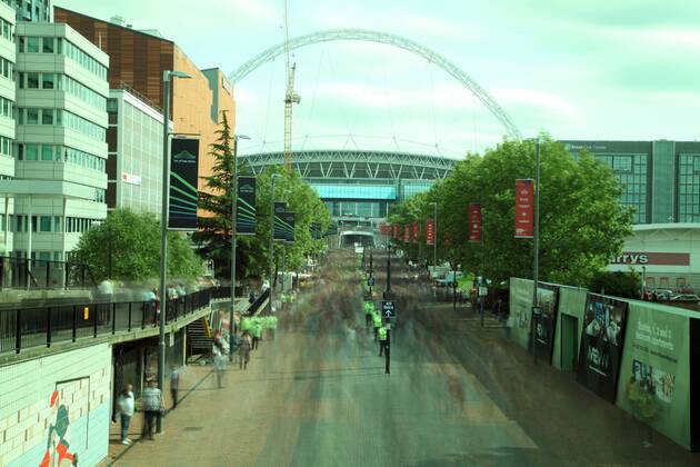 The FA Cup Final - Arsenal v Aston Villa . . London, UK . . 30.05.2015 The spirit of the FA Cup is back, as fans make their way quickly to the game along Wembley Way.