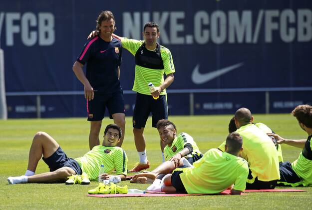 BARCELONA -june 02- SPAIN: Luis Suarez, Xavi Hernandez and Neymar Jr.i in the training before the Champions League final between Juventus. 