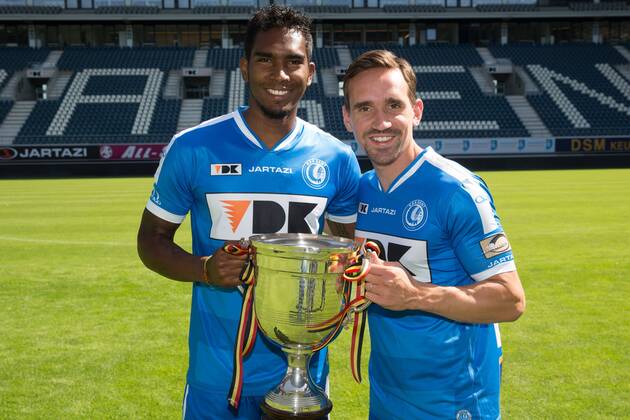 - GENT, BELGIUM: Gent s Renato Neto and Gent s Sven Kums pose with the trophy during the 2015-2016 season photo shoot of Belgian first league soccer team KAA Gent, Saturday 11 July 2015 in Gent. KURTxDESPLENTER x04662186x