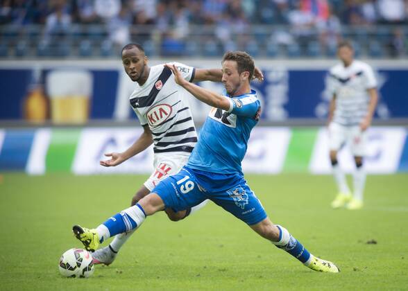 - GENT, BELGIUM: Gent s Brecht Dejaegere (R) fights for the ball during the gala match between Belgian first league soccer team KAA Gent and French Girondins de Bordeaux, Sunday 12 July 2015, in Gent. JASPERxJACOBS x04663168x