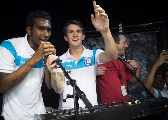 - GENT, BELGIUM: Gent s Renato Neto and Gent s Benito Raman pictured during the official presentation of the 2015-2016 Belgian first division soccer team KAA Gent during the Gentse Feesten city festival, in Gent, Monday 20 July 2015. JASPERxJACOBS x04667775x