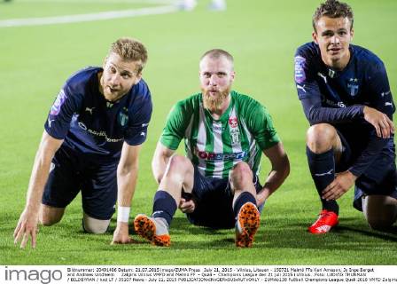 July 21, 2015 - Vilnius, Litauen - 150721 Malmö FFs Kari Arnason, Jo Inge Berget and Andreas Vindheim Zalgiris Vilnius VMFD and Malmö FF - Quali - Champions League den 21 juli 2015 i Vilnius. .Foto: LUDVIG THUNMAN BILDBYRAN kod LT 35107 News - July 21, 2015  - ZUMAb138