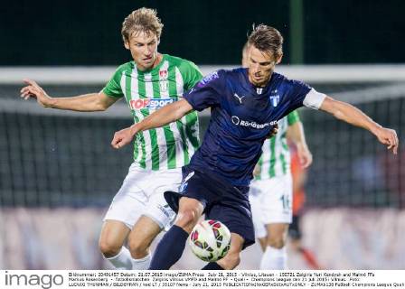 July 21, 2015 - Vilnius, Litauen - 150721 Zalgiris Yuri Kendysh and Malmö FFs Markus Rosenberg - fotbollsmatchen Zalgiris Vilnius VMFD and Malmö FF - Quali - Champions League den 21 juli 2015 i Vilnius. .Foto: LUDVIG THUNMAN BILDBYRAN kod LT 35107 News - July 21, 2015  - ZUMAb138