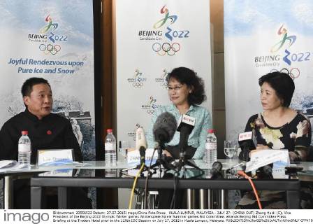 KUALA LUMPUR, MALAYSIA - JULY 27: (CHINA OUT) Zhang Haidi (C), Vice President of the Beijing 2022 Olympic Winter games Winterspiele Spiele Summer games Bid Committee, attends Beijing Bid Committee Press Briefing at the Traders Hotel prior to the 128th IOC Session on July 27, 2015 in Kuala Lumpur, Malaysia.  CFP470873315 