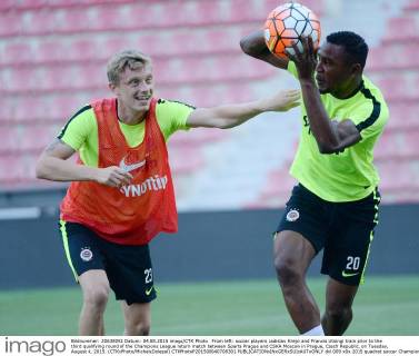 From left: soccer players Ladislav Krejci and Francis Litsingi train prior to the third qualifying round of the Champions League return match between Sparta Prague and CSKA Moscow in Prague, Czech Republic, on Tuesday, August 4, 2015. (CTKxPhoto MichalxDolezal) CTKPhotoP201508040708301  dol 009