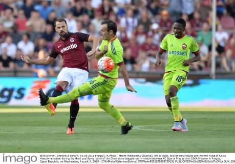 Marek Matejovsky (Sparta), left to right, and Bebras Natcho and Ahmed Musa of CSKA Moscow in action during the third qualifying round of the Champions League return match between AC Sparta Prague and CSKA Moscow in Prague, Czech Republic, on Wednesday, August 5, 2015. (CTKxPhoto KaterinaxSulova) CTKPhotoP201508050759101  SUK_6541
