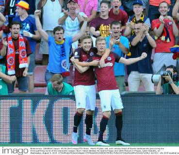 Martin Frydek, left, and Ladislav Krejci of Sparta celebrate the goal during the third qualifying round of the Champions League return match between AC Sparta Prague and CSKA Moscow in Prague, Czech Republic, on Wednesday, August 5, 2015. (CTKxPhoto MichalxDolezal) CTKPhotoP201508050759301  dol 001 !