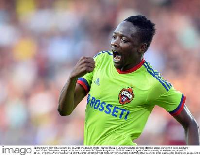 Ahmed Musa of CSKA Moscow celebrates after he scores during the third qualifying round of the Champions League return match between AC Sparta Prague and CSKA Moscow in Prague, Czech Republic, on Wednesday, August 5, 2015. (CTKxPhoto KaterinaxSulova) CTKPhotoP201508050809601  suk9