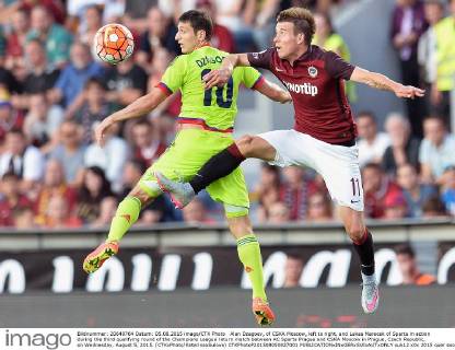 Alan Dzagoev, of CSKA Moscow, left to right, and Lukas Marecek of Sparta in action during the third qualifying round of the Champions League return match between AC Sparta Prague and CSKA Moscow in Prague, Czech Republic, on Wednesday, August 5, 2015. (CTKxPhoto KaterinaxSulova) CTKPhotoP201508050827001  suk12