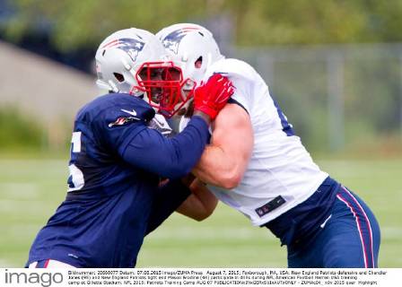 August 7, 2015; Foxborough, MA, USA: New England Patriots defensive end Chandler Jones (95) and New England Patriots tight end Mason Brodine (44) participate in drills during NFL American Football Herren USA training camp at Gillette Stadium. NFL 2015: Patriots Training Camp AUG 07 - ZUMAc04_