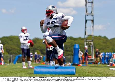 August 7, 2015; Foxborough, MA, USA: New England Patriots running back LeGarrette Blount (29) participate in drills during NFL American Football Herren USA training camp at Gillette Stadium. NFL 2015: Patriots Training Camp AUG 07 - ZUMAc04_