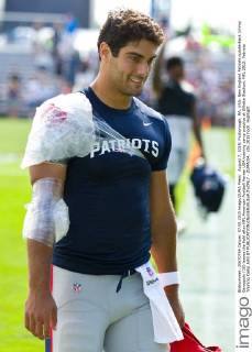 August 7, 2015; Foxborough, MA, USA: New England Patriots quarterback Jimmy Garoppolo (10) leaves the field after NFL American Football Herren USA training camp practice at Gillette Stadium. NFL 2015: Patriots Training Camp AUG 07 - ZUMAc04_