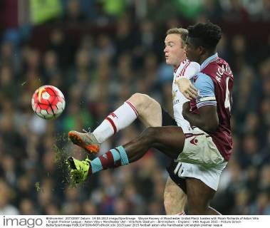 Wayne Rooney of Manchester United ManU tussles with Micah Richards of Aston Villa - English Premier League - Aston Villa v Manchester Utd - Villa Park Stadium - Birmingham - England - 14th August 2015 - Picture Simon Bellis Sportimage EDITORIAL USE ONLY. No use with unauthorised audio, video, data, fixture lists, club league logos or live services. Online in-match use limited to 120 images, no video emulation. No use in betting, games or single club league player publications.