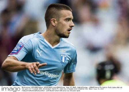 Aug. 15, 2015 - Malmö Sverige - 150815 Malmö FFs Vladimir Rodic jublar efter att han gjort 1-0 - Fussball, SWE, Allsvenskan: Malmö FF - Gefle den 15 august 2015 in Malmö..Foto: News - Aug. 15, 2015  - ZUMAb138