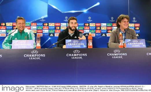 SOCCER - CL play offs, Rapid vs Shakhtar, preview VIENNA,AUSTRIA,18.AUG.15 - SOCCER - UEFA Champions League, play offs, SK Rapid Wien vs FC Shakhtar Donetsk, preview, press conference PK Pressekonferenz Rapid. Image shows head coach Zoran Barisic, Thanos Petsos and press officer Peter Klinglmueller (Rapid). Keywords: Wien Energie. GEPAxpictures xChristianxOrt