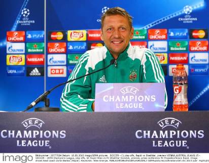 SOCCER - CL play offs, Rapid vs Shakhtar, preview VIENNA,AUSTRIA,18.AUG.15 - SOCCER - UEFA Champions League, play offs, SK Rapid Wien vs FC Shakhtar Donetsk, preview, press conference PK Pressekonferenz Rapid. Image shows head coach Zoran Barisic (Rapid). Keywords: Wien Energie. GEPAxpictures xChristianxOrt