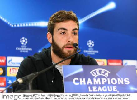 SOCCER - CL play offs, Rapid vs Shakhtar, preview VIENNA,AUSTRIA,18.AUG.15 - SOCCER - UEFA Champions League, play offs, SK Rapid Wien vs FC Shakhtar Donetsk, preview, press conference PK Pressekonferenz Rapid. Image shows Thanos Petsos (Rapid). Keywords: Wien Energie. GEPAxpictures xChristianxOrt