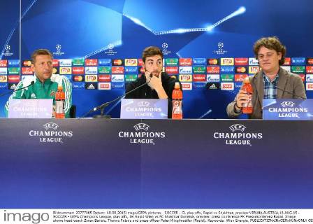 SOCCER - CL play offs, Rapid vs Shakhtar, preview VIENNA,AUSTRIA,18.AUG.15 - SOCCER - UEFA Champions League, play offs, SK Rapid Wien vs FC Shakhtar Donetsk, preview, press conference PK Pressekonferenz Rapid. Image shows head coach Zoran Barisic, Thanos Petsos and press officer Peter Klinglmueller (Rapid). Keywords: Wien Energie. GEPAxpictures xChristianxOrt