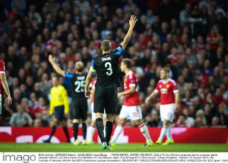- MANCHESTER, UNITED KINGDOM: Club s Timmy Simons gestures during a soccer game between British club Manchester United ManU FC and Belgian team Club Brugge KV in Manchester, United Kingdom, Tuesday 18 August 2015, the first leg of the play-offs for the UEFA Champions League competition. BRUNOxFAHY x04682720x