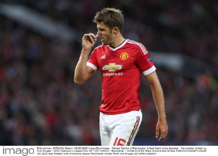 Michael Carrick of Manchester United ManU looks dejected - Manchester United vs. Club Brugge - UEFA Champion s League Play Off - Old Trafford - Manchester - 18 08 2015 Pic Philip Oldham SportImage EDITORIAL USE ONLY. No use with unauthorised audio, video, data, fixture lists, club league logos or live services. Online in-match use limited to 120 images, no video emulation. No use in betting, games or single club league player publications.