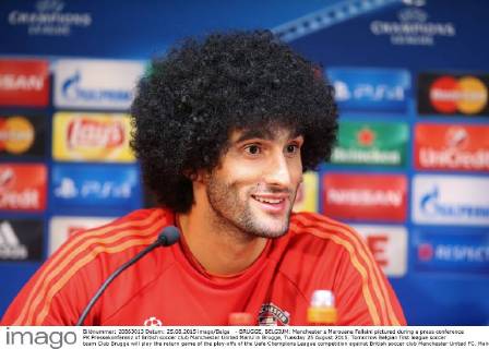 - BRUGGE, BELGIUM: Manchester s Marouane Fellaini pictured during a press conference PK Pressekonferenz of British soccer club Manchester United ManU in Brugge, Tuesday 25 August 2015. Tomorrow Belgian first league soccer team Club Brugge will play the return game of the play-offs of the Uefa Champions League competition against British soccer club Manchester United FC. Manchester United won the first leg 3-1. BRUNOxFAHY x04686934x