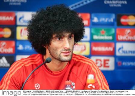 - BRUGGE, BELGIUM: Manchester s Marouane Fellaini pictured during a press conference PK Pressekonferenz of British soccer club Manchester United ManU in Brugge, Tuesday 25 August 2015. Tomorrow Belgian first league soccer team Club Brugge will play the return game of the play-offs of the Uefa Champions League competition against British soccer club Manchester United FC. Manchester United won the first leg 3-1. BRUNOxFAHY x04686936x