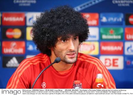 - BRUGGE, BELGIUM: Manchester s Marouane Fellaini pictured during a press conference PK Pressekonferenz of British soccer club Manchester United ManU in Brugge, Tuesday 25 August 2015. Tomorrow Belgian first league soccer team Club Brugge will play the return game of the play-offs of the Uefa Champions League competition against British soccer club Manchester United FC. Manchester United won the first leg 3-1. BRUNOxFAHY x04686953x