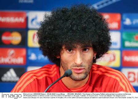- BRUGGE, BELGIUM: Manchester s Marouane Fellaini pictured during a press conference PK Pressekonferenz of British soccer club Manchester United ManU in Brugge, Tuesday 25 August 2015. Tomorrow Belgian first league soccer team Club Brugge will play the return game of the play-offs of the Uefa Champions League competition against British soccer club Manchester United FC. Manchester United won the first leg 3-1. BRUNOxFAHY x04686954x