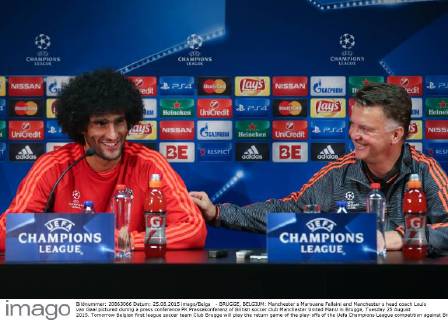 - BRUGGE, BELGIUM: Manchester s Marouane Fellaini and Manchester s head coach Louis van Gaal pictured during a press conference PK Pressekonferenz of British soccer club Manchester United ManU in Brugge, Tuesday 25 August 2015. Tomorrow Belgian first league soccer team Club Brugge will play the return game of the play-offs of the Uefa Champions League competition against British soccer club Manchester United FC. Manchester United won the first leg 3-1. BRUNOxFAHY x04686955x