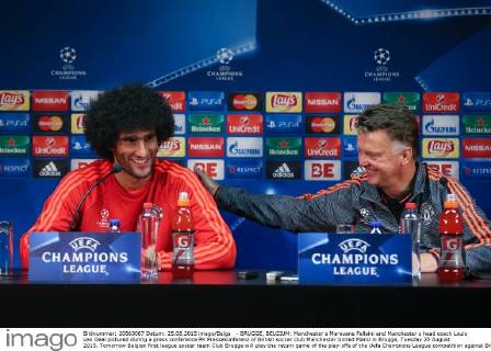 - BRUGGE, BELGIUM: Manchester s Marouane Fellaini and Manchester s head coach Louis van Gaal pictured during a press conference PK Pressekonferenz of British soccer club Manchester United ManU in Brugge, Tuesday 25 August 2015. Tomorrow Belgian first league soccer team Club Brugge will play the return game of the play-offs of the Uefa Champions League competition against British soccer club Manchester United FC. Manchester United won the first leg 3-1. BRUNOxFAHY x04686956x