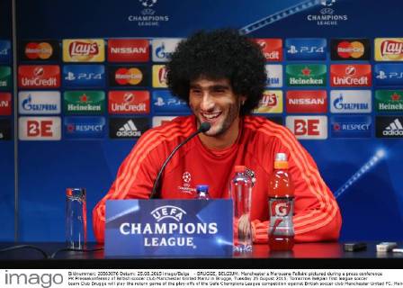 - BRUGGE, BELGIUM: Manchester s Marouane Fellaini pictured during a press conference PK Pressekonferenz of British soccer club Manchester United ManU in Brugge, Tuesday 25 August 2015. Tomorrow Belgian first league soccer team Club Brugge will play the return game of the play-offs of the Uefa Champions League competition against British soccer club Manchester United FC. Manchester United won the first leg 3-1. BRUNOxFAHY x04686947x