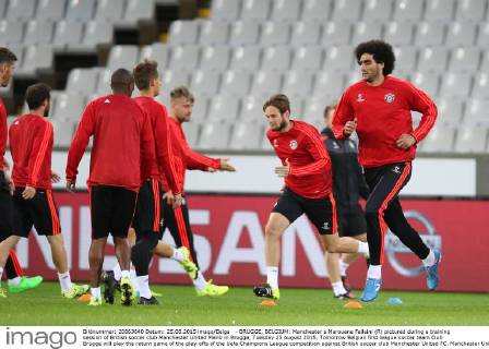 - BRUGGE, BELGIUM: Manchester s Marouane Fellaini (R) pictured during a training session of British soccer club Manchester United ManU in Brugge, Tuesday 25 August 2015. Tomorrow Belgian first league soccer team Club Brugge will play the return game of the play-offs of the Uefa Champions League competition against British soccer club Manchester United FC. Manchester United won the first leg 3-1. BRUNOxFAHY x04687036x