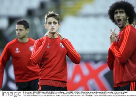 - BRUGGE, BELGIUM: Manchester s Adnan Januzaj and Manchester s Marouane Fellaini pictured during a training session of British soccer club Manchester United ManU in Brugge, Tuesday 25 August 2015. Tomorrow Belgian first league soccer team Club Brugge will play the return game of the play-offs of the Uefa Champions League competition against British soccer club Manchester United FC. Manchester United won the first leg 3-1. BRUNOxFAHY  x04687016x