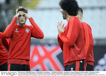 - BRUGGE, BELGIUM: Manchester s Adnan Januzaj and Manchester s Marouane Fellaini pictured during a training session of British soccer club Manchester United ManU in Brugge, Tuesday 25 August 2015. Tomorrow Belgian first league soccer team Club Brugge will play the return game of the play-offs of the Uefa Champions League competition against British soccer club Manchester United FC. Manchester United won the first leg 3-1. BRUNOxFAHY x04687017x