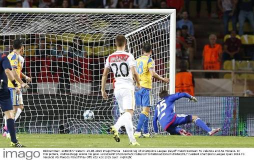 Second leg of Champions League playoff match between FC Valencia and AS Monaco. In this picture, Andrea Raggi scores his goal. xJOSExANTONIOxSANZx