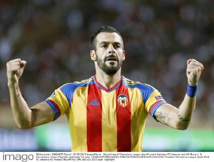 Second leg of Champions League playoff match between FC Valencia and AS Monaco. In this picture, Alvaro Negredo celebrates his goal. xJOSExANTONIOxSANZx