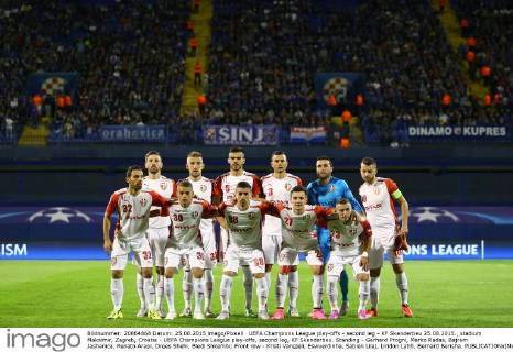 UEFA Champions League play-offs - second leg - KF Skenderbeu 25.08.2015., stadium Maksimir, Zagreb, Croatia - UEFA Champions League play-offs, second leg, KF Skenderbeu. Standing - Gerhard Progni, Marko Radas, Bajram Jashanica, Renato Arapi, Orges Shehi, Bledi Shkembi; Front row - Kristi Vangjeli, Eswuerdinha, Sabien Lilaj, Liridon Latifi, Bernard Berisha. SlavkoxMidzor PIXSELL