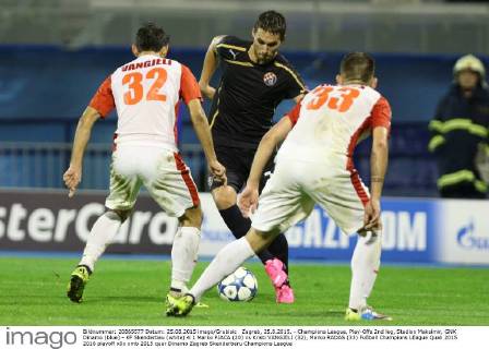Zagreb, 25.8.2015. - Champions League, Play-Offs 2nd leg, Stadion Maksimir, GNK Dinamo (blue) - KF Skenderbeu (white) 4:1 Marko PJACA (20) vs Kristi VANGJELI (32), Marko RADAS (33)