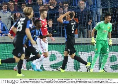 - BRUGGE, BELGIUM: Club s Tom De Sutter reacts during a soccer game between Belgian first league team Club Brugge KV and British club Manchester United ManU FC in Brugge, Wednesday 26 August 2015, the return game of the play-offs of the UEFA Champions League competition. Manchester United won the first leg 3-1. BRUNOxFAHY x04687477x