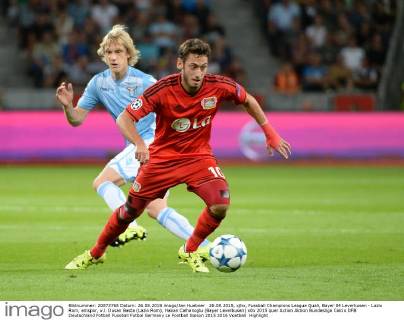 26.08.2015, xjhx, Fussball Champions League Quali, Bayer 04 Leverkusen - Lazio Rom, emspor, v.l. Dusan Basta (Lazio Rom), Hakan Calhanoglu (Bayer Leverkusen)