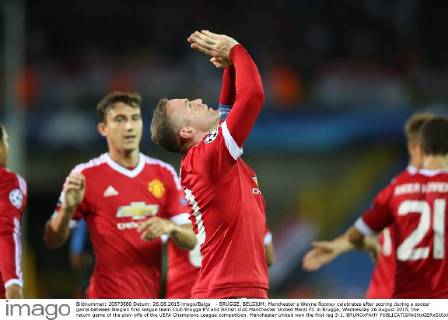 - BRUGGE, BELGIUM: Manchester s Wayne Rooney celebrates after scoring during a soccer game between Belgian first league team Club Brugge KV and British club Manchester United ManU FC in Brugge, Wednesday 26 August 2015, the return game of the play-offs of the UEFA Champions League competition. Manchester United won the first leg 3-1. BRUNOxFAHY x04687510x