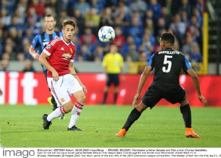 - BRUGGE, BELGIUM: Manchester s Adnan Januzaj and Club s Jean-Charles Castelletto fight for the ball during a soccer game between Belgian first league team Club Brugge KV and British club Manchester United ManU FC in Brugge, Wednesday 26 August 2015, the return game of the play-offs of the UEFA Champions League competition. Manchester United won the first leg 3-1. BRUNOxFAHY  x04687533x