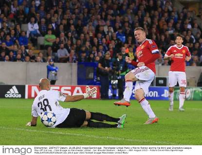 Manchester United ManU s Wayne Rooney scoring his third goal Champions League Play-Off 2nd Leg - Club Brugge vs Manchester United - Jan Breydel Stadium - Belgium - 26th August 2015 - Picture David Klein Sportimage EDITORIAL USE ONLY. No use with unauthorised audio, video, data, fixture lists, club league logos or live services. Online in-match use limited to 120 images, no video emulation. No use in betting, games or single club league player publications.