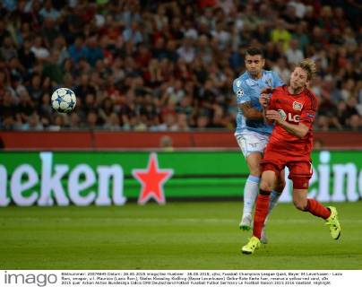 26.08.2015, xjhx, Fussball Champions League Quali, Bayer 04 Leverkusen - Lazio Rom, emspor, v.l. Mauricio (Lazio Rom), Stefan Kiessling Kießling (Bayer Leverkusen) Gelbe-Rote Karte fuer, receive a yellow-red card,