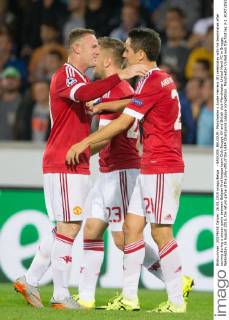 - BRUGGE, BELGIUM: Manchester s Ander Herrera (R) celebrates with his teammates after scoring during a soccer game between Belgian first league team Club Brugge KV and British club Manchester United ManU FC in Brugge, Wednesday 26 August 2015, the return game of the play-offs of the UEFA Champions League competition. Manchester United won the first leg 3-1. KURTxDESPLENTER  x04687660x