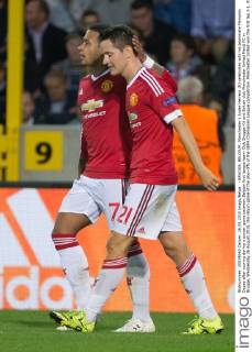 - BRUGGE, BELGIUM: Manchester s Ander Herrera (R) celebrates with his teammate Memphis Depay after scoring during a soccer game between Belgian first league team Club Brugge KV and British club Manchester United ManU FC in Brugge, Wednesday 26 August 2015, the return game of the play-offs of the UEFA Champions League competition. Manchester United won the first leg 3-1. KURTxDESPLENTER  x04687662x
