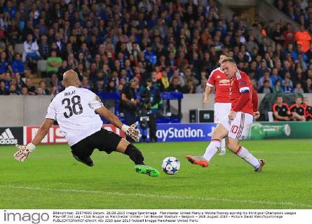 Manchester United ManU s Wayne Rooney scoring his third goal Champions League Play-Off 2nd Leg - Club Brugge vs Manchester United - Jan Breydel Stadium - Belgium - 26th August 2015 - Picture David Klein Sportimage EDITORIAL USE ONLY. No use with unauthorised audio, video, data, fixture lists, club league logos or live services. Online in-match use limited to 120 images, no video emulation. No use in betting, games or single club league player publications.