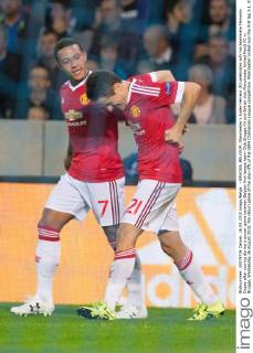 - BRUGGE, BELGIUM: Manchester s Ander Herrera (R) celebrates with his teammate Memphis Depay after scoring during a soccer game between Belgian first league team Club Brugge KV and British club Manchester United ManU FC in Brugge, Wednesday 26 August 2015, the return game of the play-offs of the UEFA Champions League competition. Manchester United won the first leg 3-1. KURTxDESPLENTER  x04687666x