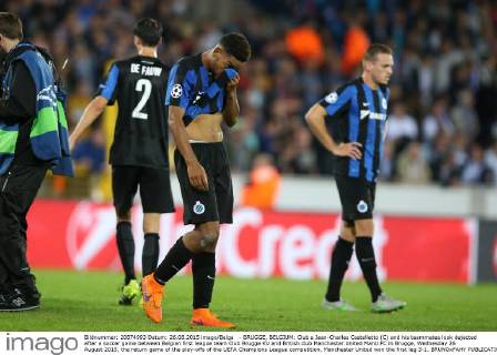 - BRUGGE, BELGIUM: Club s Jean-Charles Castelletto (C) and his teammates look dejected after a soccer game between Belgian first league team Club Brugge KV and British club Manchester United ManU FC in Brugge, Wednesday 26 August 2015, the return game of the play-offs of the UEFA Champions League competition. Manchester United won the first leg 3-1. BRUNOxFAHY x04687720x