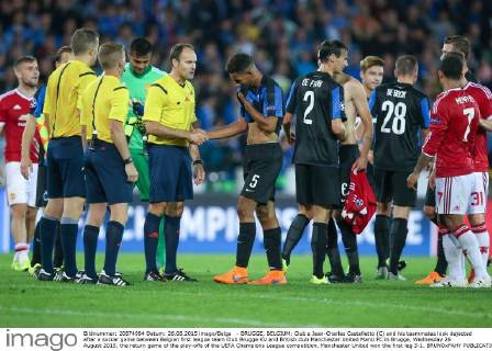 - BRUGGE, BELGIUM: Club s Jean-Charles Castelletto (C) and his teammates look dejected after a soccer game between Belgian first league team Club Brugge KV and British club Manchester United ManU FC in Brugge, Wednesday 26 August 2015, the return game of the play-offs of the UEFA Champions League competition. Manchester United won the first leg 3-1. BRUNOxFAHY x04687721x